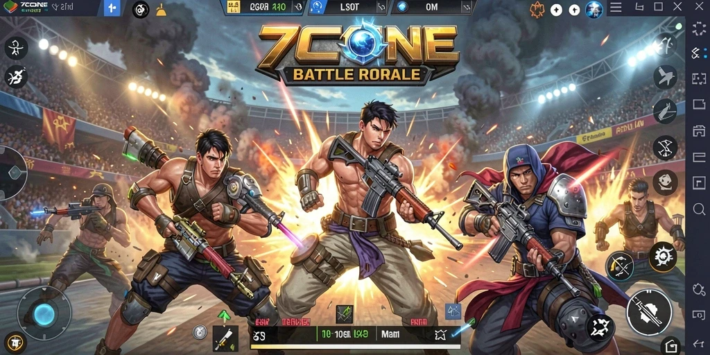 Screenshot 7CONE menampilkan aksi seru dalam pertempuran Battle Royale.
