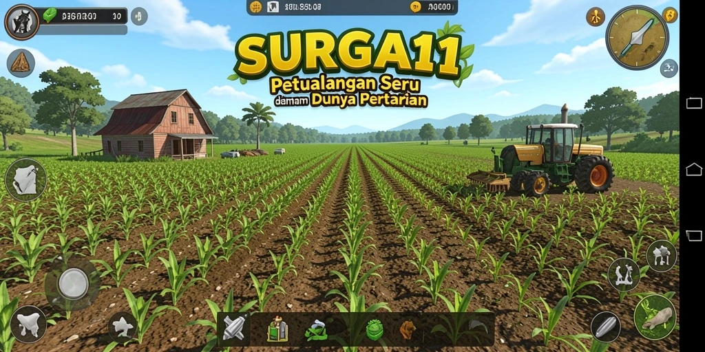 Screenshot gameplay SURGA11 menampilkan kebun yang rimbun dan hewan ternak.