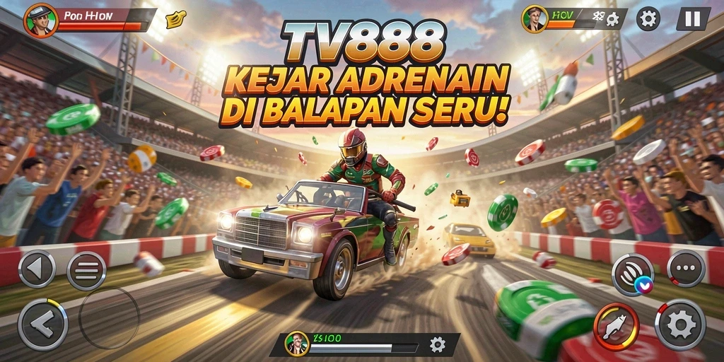 Screenshot TV888 menampilkan aksi balapan mendebarkan dan kendaraan yang beragam.